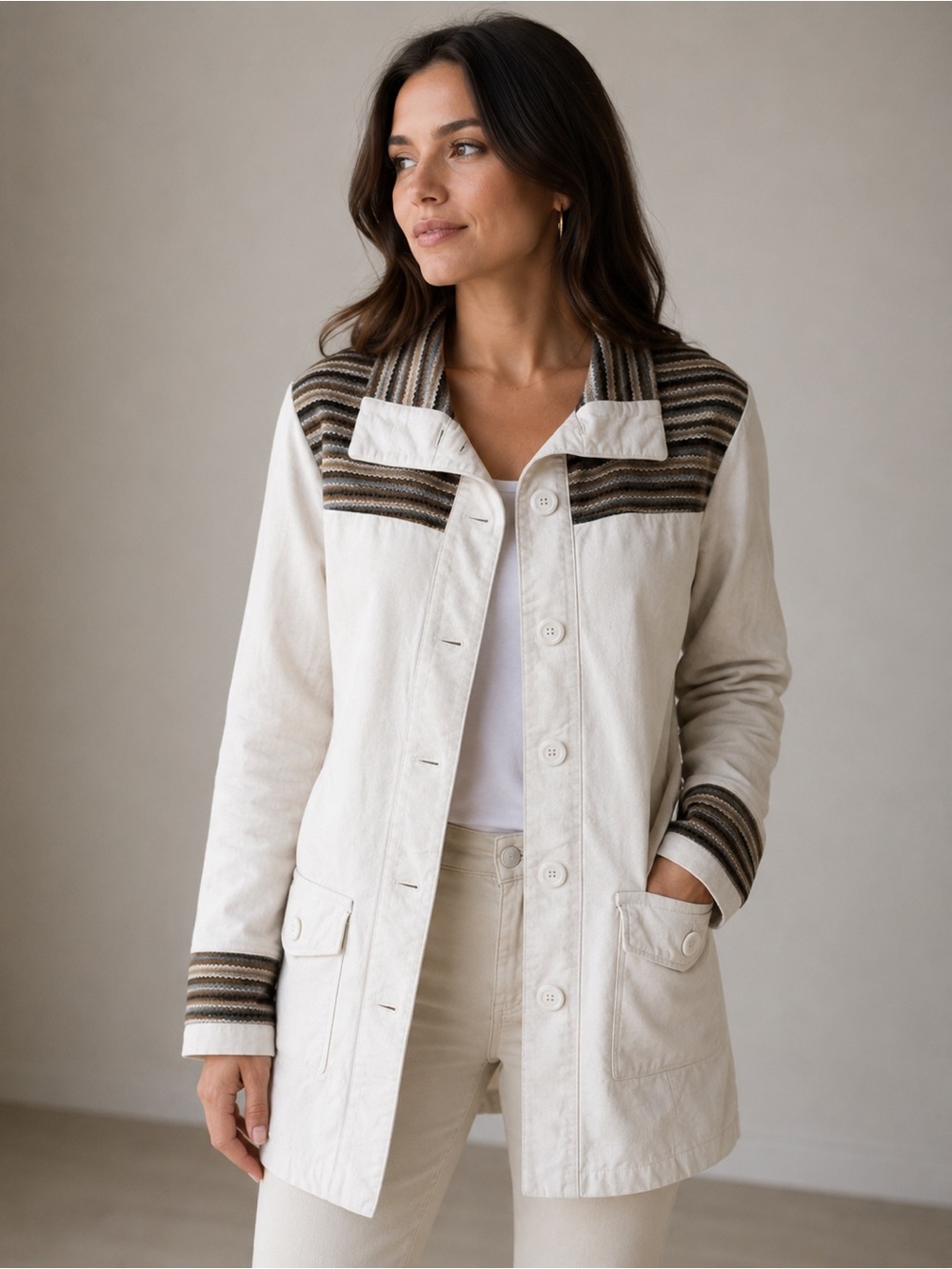 NWOT Prana Rowan Stripe Knit Ivory Brown Cotton Coat Womens Sz XL
